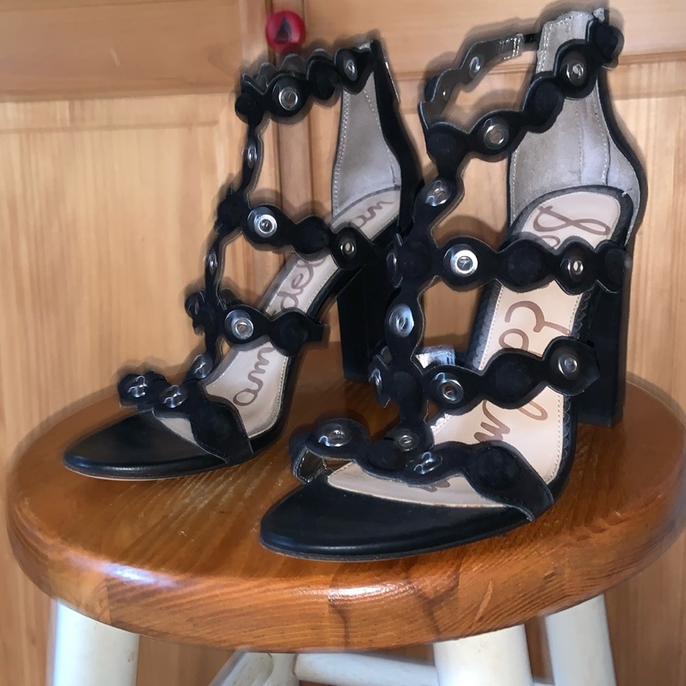 Sam Edelman Womens Black Suede Yuli Caged Block Heel Strappy Sandal Size 9.5